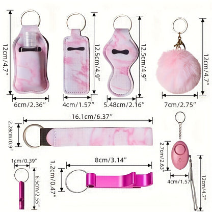 Ensemble de 11 porte-clés à strass pour femmes – Anneau multifonction avec porte-carte, pilulier, sifflet, flacon de parfum et pochette de rangement, cadeau idéal pour elle