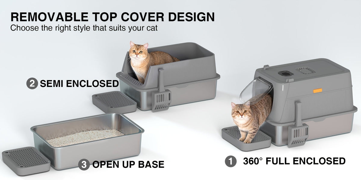 Bac à litière pour chat surdimensionné en acier inoxydable avec couvercle, toilette intérieure pliable anti-éclaboussures avec porte à rabat avant et contrôle supérieur des odeurs