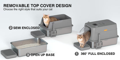 Bac à litière pour chat surdimensionné en acier inoxydable avec couvercle, toilette intérieure pliable anti-éclaboussures avec porte à rabat avant et contrôle supérieur des odeurs