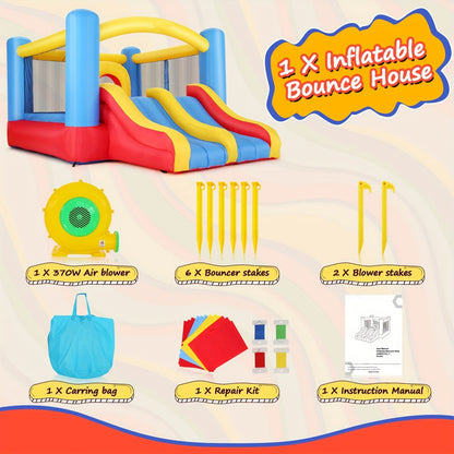 Château gonflable avec soufflerie pour enfants de 3 à 10 ans, grande structure de 3,6 x 2,7 m pour jardin avec double toboggan, parcours d'obstacles, vaste zone de saut, aire de jeu intérieure et extérieure pour fête d'anniversaire – Rouge, bleu, jaune