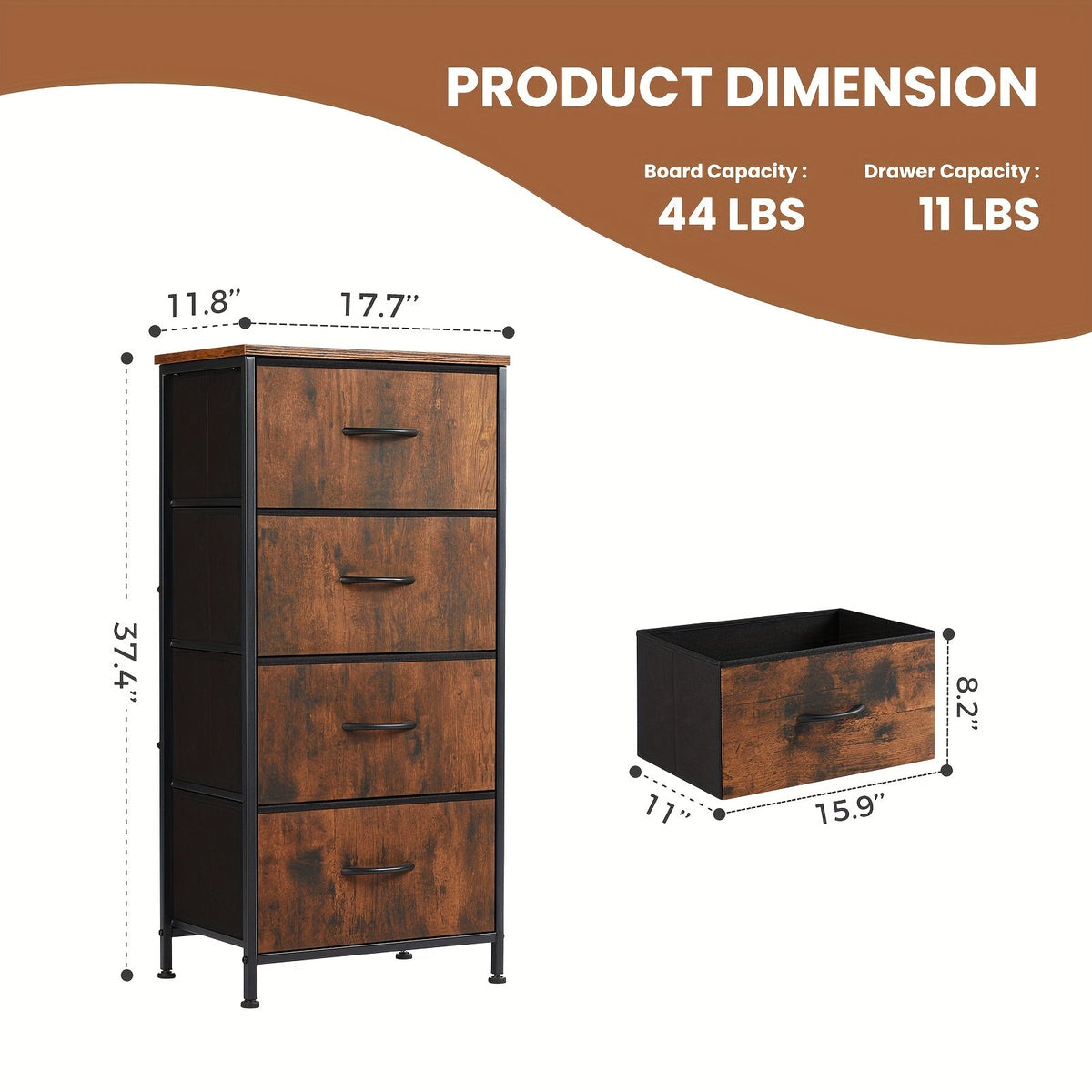 Meuble à tiroirs avec cadre en métal et dessus en bois massif – Organisateur de rangement pour bureau à domicile, 2 à 10 tiroirs, assemblage requis – Blanc, gris, noir, brun rustique – Caisson de rangement pour chambre, salon et bureau