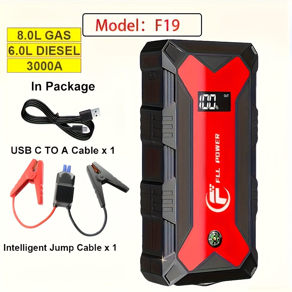 Démarreur de batterie portable pour voiture 1600A–3000A 12V – Booster d'urgence compact pour moteurs essence et diesel avec ports de charge USB et lampe de poche LED