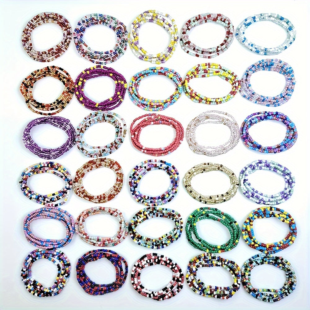 Ensemble de 20 colliers et chaînes de taille élastiques en perles de verre bohèmes colorées pour femmes, bijoux de corps style plage et bikini pour fête, vacances et festival