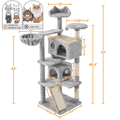 Arbre à chat multiniveaux de 145 cm avec 2 niches – poteaux à griffer en sisal, balle suspendue, plateforme ronde et échelle pour chatons et petits chats d'intérieur, 6 couleurs, cadeau de Noël pour les amoureux des chats