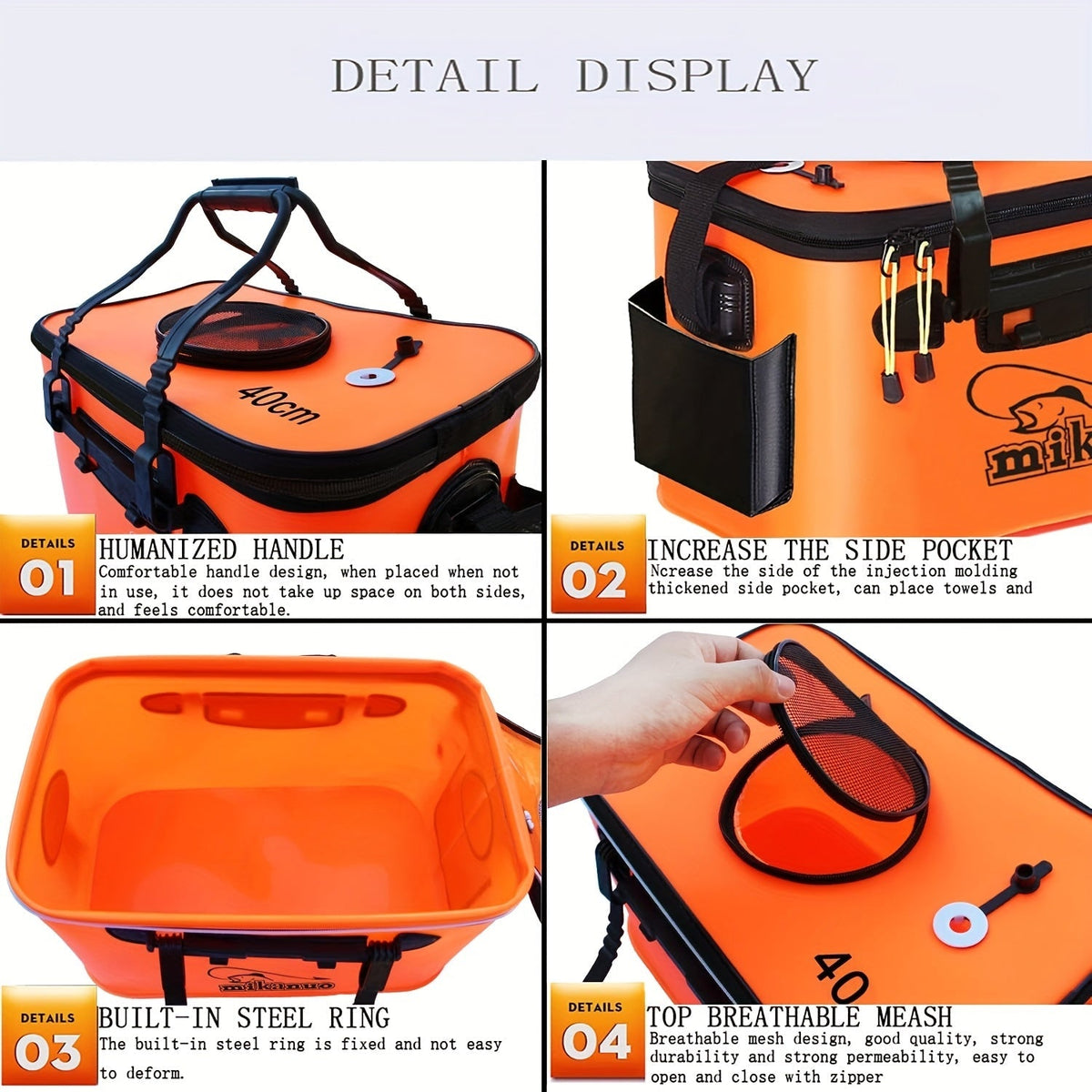 Seau de pêche pliable de 25 L – Conteneur à appâts vivants en EVA, sac de conservation de poissons multifonctionnel et portable pour la pêche à la carpe et en eau douce, cadeau pour homme (bleu/orange)