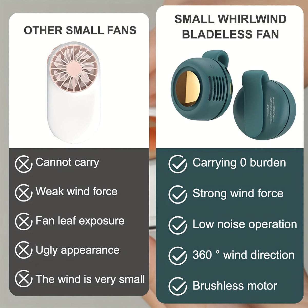 Mini ventilateur de cou sans pales à clipser, rechargeable par USB, 3 vitesses, flux d'air à 360°, ventilateur portable mains libres à suspendre à la taille pour la randonnée, le camping, les voyages, le golf et les activités en plein air