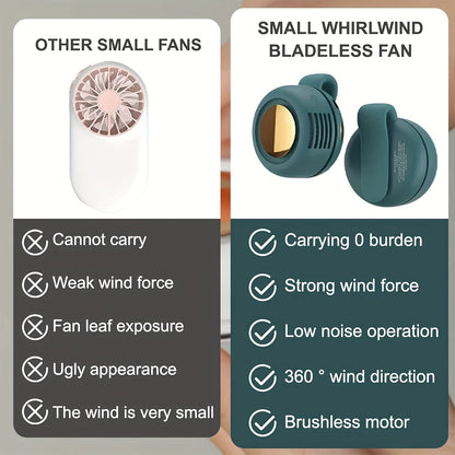 Mini ventilateur de cou sans pales à clipser, rechargeable par USB, 3 vitesses, flux d'air à 360°, ventilateur portable mains libres à suspendre à la taille pour la randonnée, le camping, les voyages, le golf et les activités en plein air