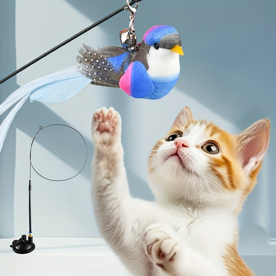 Jouet canne à pêche pour chat avec oiseau simulateur et base à ventouse - Ensemble interactif avec plumes et clochette pour l'exercice et le jeu en solitaire, sans pile, jouet d'intérieur pour chaton et chat