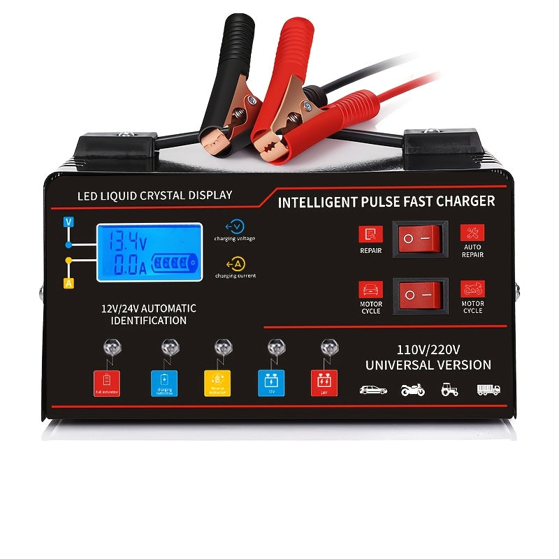 Chargeur de batterie universel intelligent 12V 24V avec écran LCD, réparation par impulsion, maintien de charge pour voiture, camion, moto, bateau, tondeuse à gazon, moissonneuse – Régulation automatique de la température
