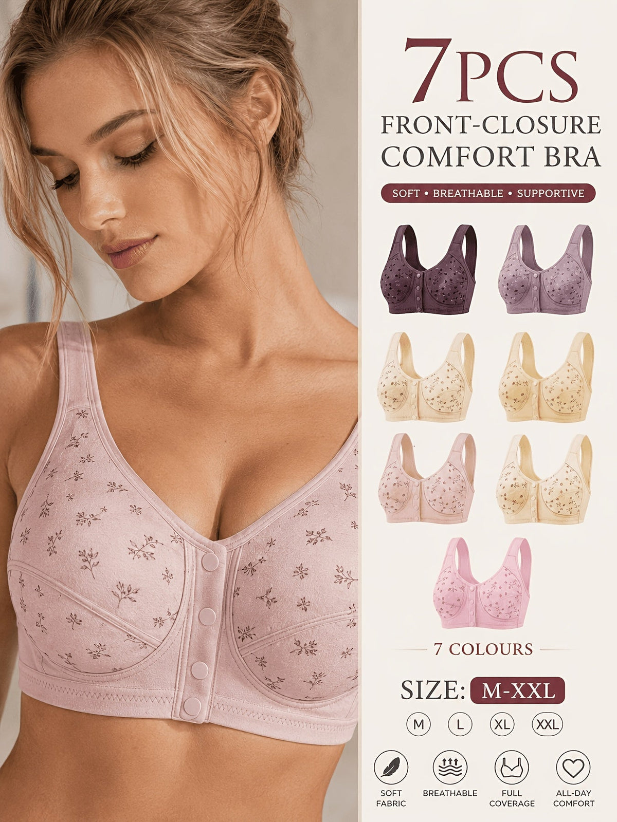 Lot de 7 soutiens-gorge sans couture pour femmes – Bralettes douces à fermeture frontale, sans armature, confortables et respirantes pour le quotidien, le yoga, les voyages et les festivals, tailles S-XXL