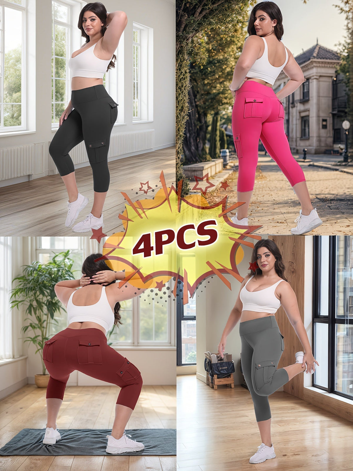 Lot de 4 pantalons de yoga Capri taille haute pour femmes, extensible dans les 4 sens, galbant, gainant, 4 poches - Leggings de sport pour la course, S-XXL, toutes saisons