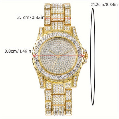 Ensemble de 5 pièces de luxe pour montre et bijoux – Pour hommes et femmes – Montre à quartz, collier à maillons cubains, bracelet, bague et pendentif croix, cadeau de Noël idéal, en or et argent