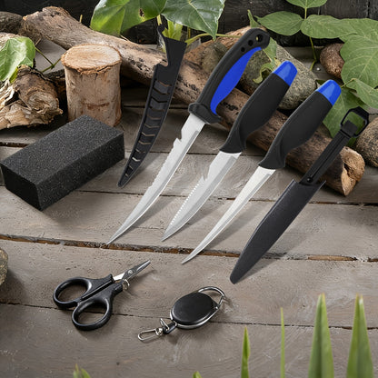 Ensemble de 3 couteaux de pêche avec lames en acier inoxydable, couteaux à fileter, désosser et vider avec gants résistants aux coupures, coupe-fil de pêche et cordon – Cadeau de pêche unique pour pêcheurs et campeurs