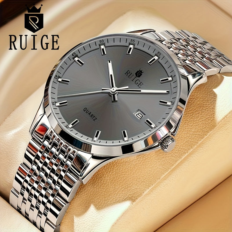 Montre à quartz de luxe pour homme RUIGE en acier inoxydable avec calendrier, fonction nocturne et strass - Montre sport, habillée et décontractée pour homme, cadeau pour lui