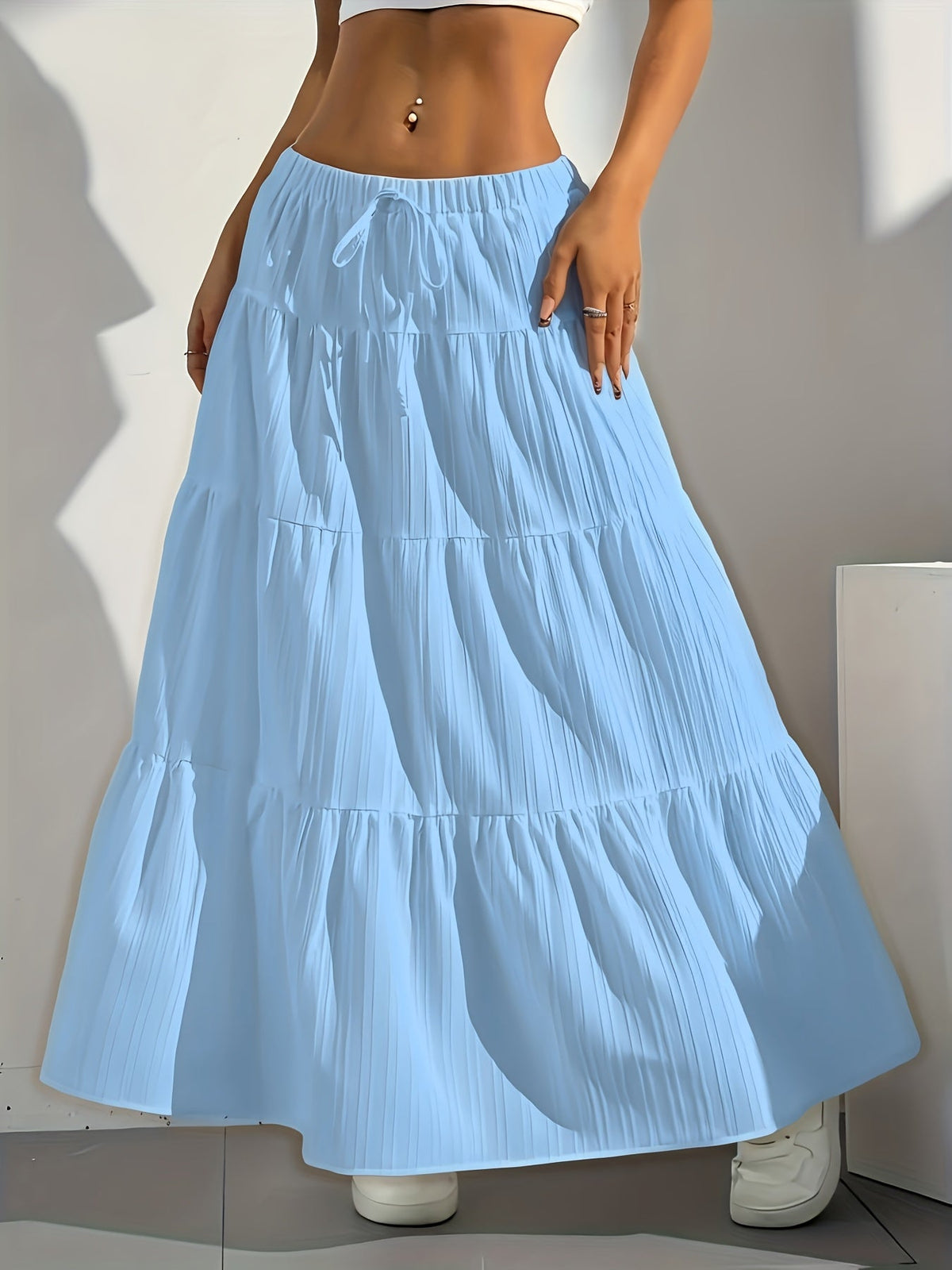 Jupe midi évasée à nouer au dos, couleur unie pour femme – Jupe trapèze ample et élégante, mode occidentale, style chic décontracté pour printemps, été et automne