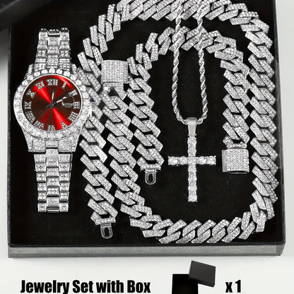 Parure de bijoux 4 pièces avec montre strass et pendentif croix, montre-bracelet analogique à quartz, collier, bracelet et boucles d'oreilles, cadeau unisexe pour lui ou elle, mariage