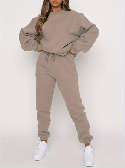 Ensemble deux pièces pour femme : sweat-shirt à col rond et pantalon de jogging décontracté avec taille élastique à cordon de serrage, beige, gris, noir, bleu marine, café, S-XXL
