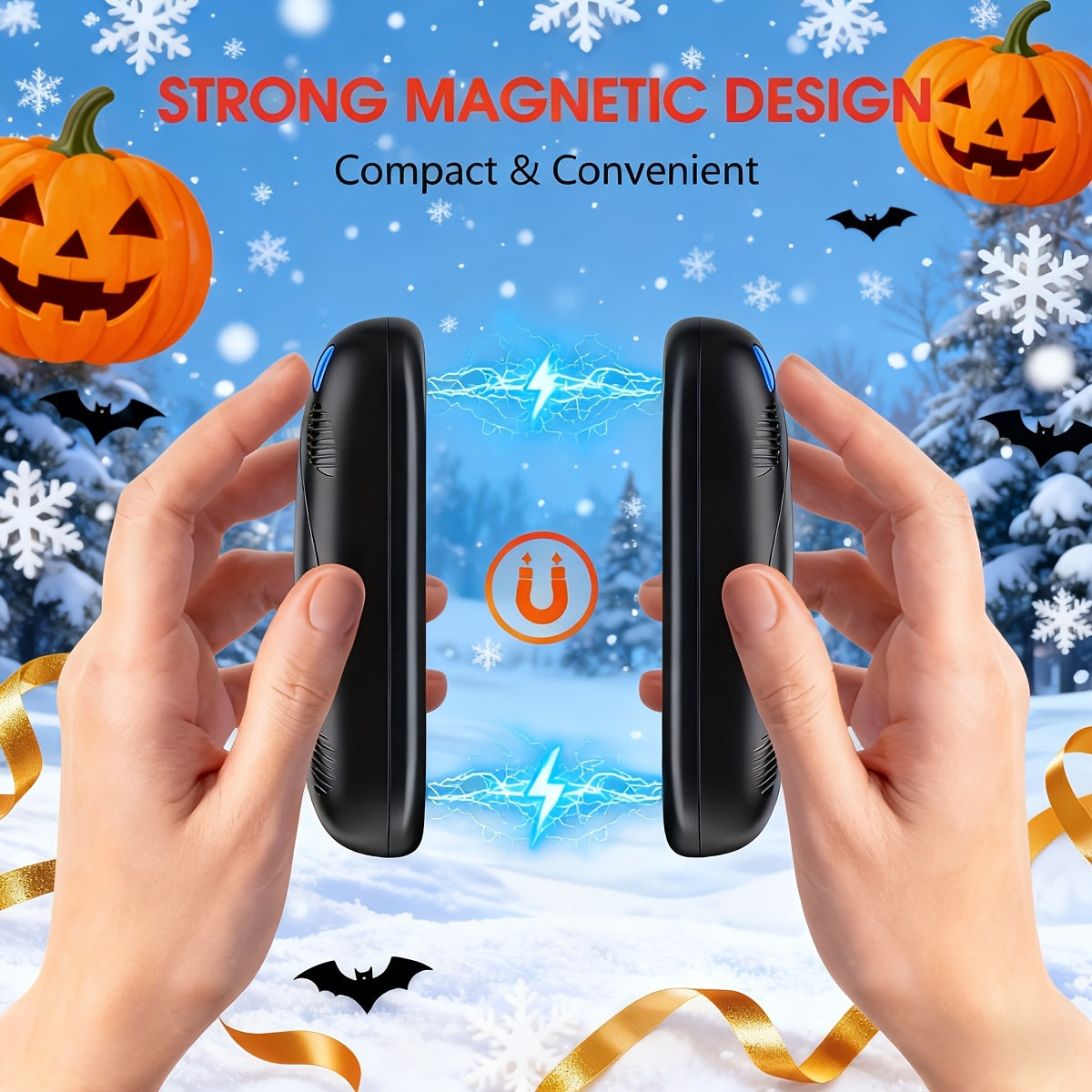 Chauffe-mains rechargeable 2-en-1 à chauffage double face avec fixation magnétique – 3 niveaux de contrôle de la température, chauffe-poche électrique portable pour le ski, le camping, la randonnée et les activités hivernales en extérieur