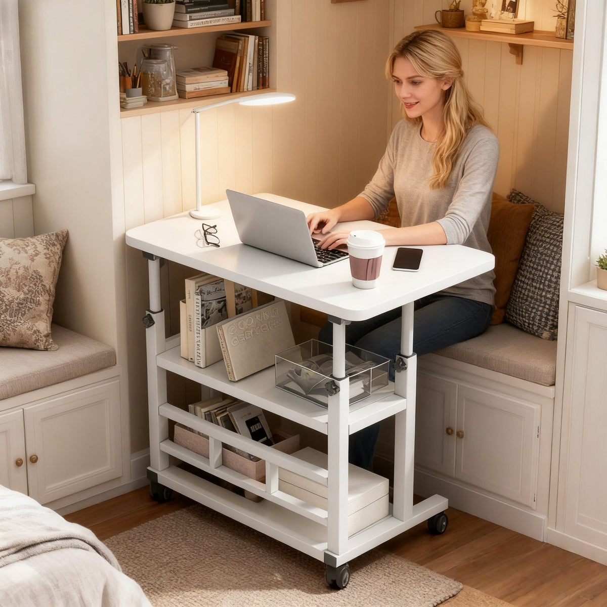 Bureau mobile portatif avec roulettes et table élévatrice à hauteur réglable – Petit bureau d'ordinateur pour lit, canapé, loisirs créatifs ou bureau à domicile, en noir ou blanc
