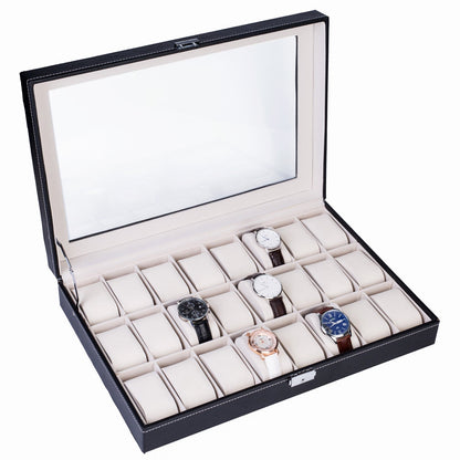 Boîte de rangement pour 24 montres en cuir – Présentoir grande capacité avec couvercle à ouverture par le haut, coffret verrouillable pour hommes et femmes, élégant écrin de collection en cuir PU noir