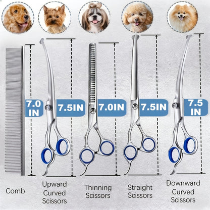 Kit de 7 ciseaux de toilettage pour animaux – Acier inoxydable 4CR avec revêtement en céramique, bouts ronds de sécurité, ciseaux droits, sculpteurs et courbes avec peigne et trousse de rangement pour chiens et chats toutes races