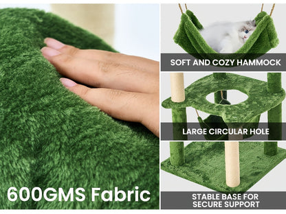 Arbre à chat de 140 cm pour chats d'intérieur avec feuilles vertes – Grande tour à chat multi-niveaux avec hamac, poteaux à griffer en sisal, jouet à suspendre, mobilier pour chat pour salon et chambre