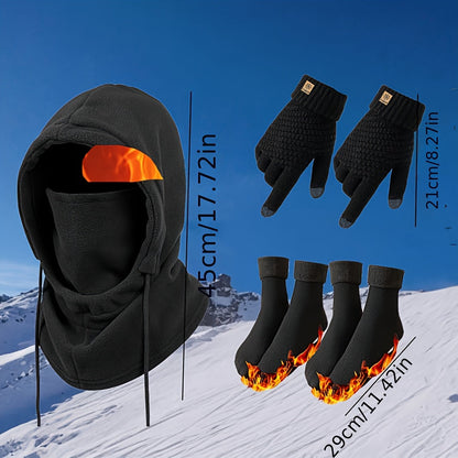 Ensemble thermique d'hiver 3/4 pièces, masque coupe-vent, gants tactiles, chaussettes en polaire épaisse, équipement grand froid pour snowboard, ski, randonnée, pêche sur glace – Lot d'accessoires d'extérieur chauds et légers