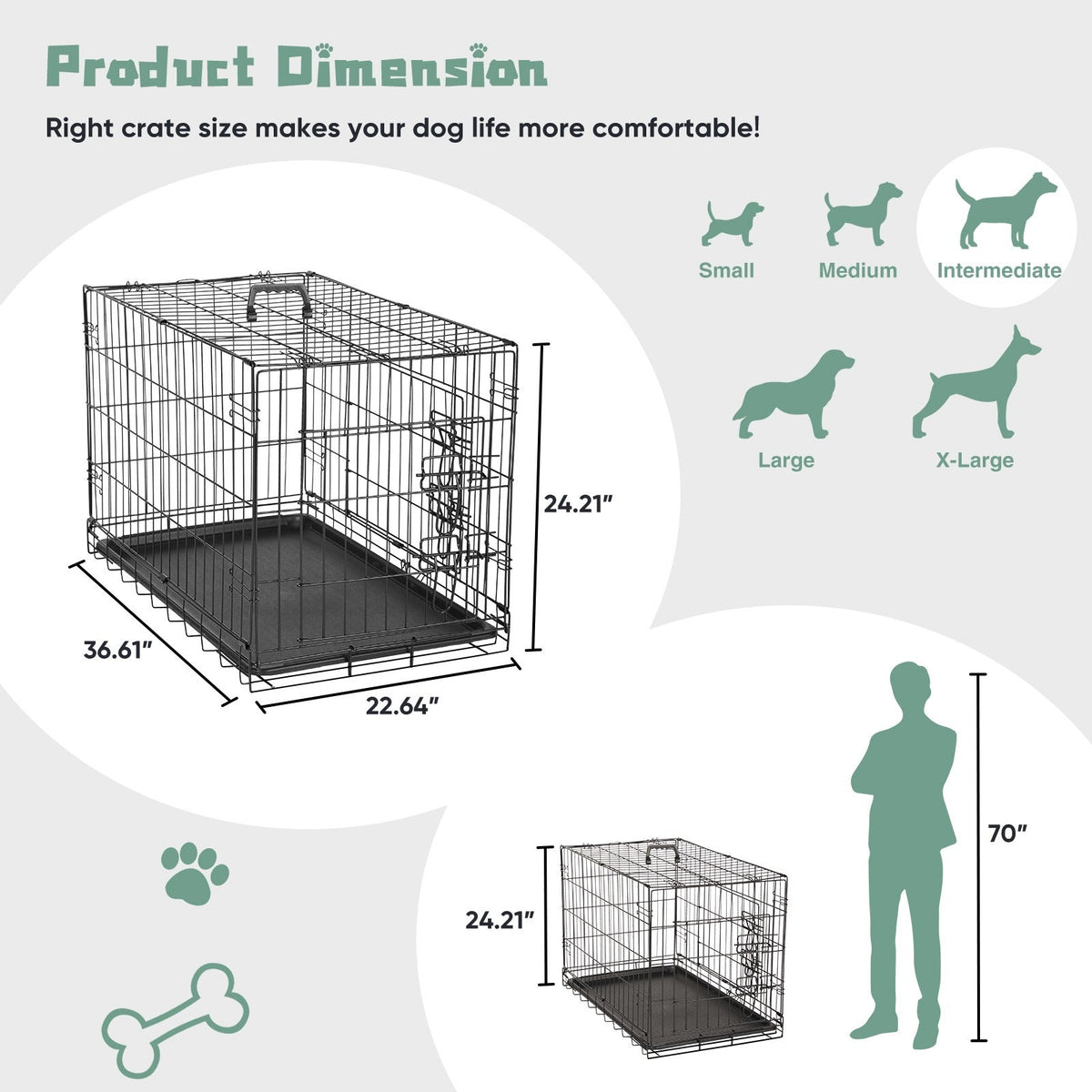 Cage pour chien pliable en fil métallique avec séparateur et plateau étanche – Chenil en métal repliable à double porte pour chiens de petite, moyenne et grande taille, pour intérieur, extérieur et voyage