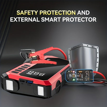 Démarreur avec gonfleur de pneus numérique 5000A/10000A en pic, booster de batterie multifonction pour voiture avec pinces intelligentes, lampe torche LED et batterie externe, kit d'urgence pour voiture, camping-car et moto