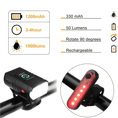Ensemble d'éclairage de vélo rechargeable par USB ultra-lumineux – Phare avant LED 1200 mAh et feu arrière 330 mAh, 6+4 modes, faisceau large 180°, sonnette de sécurité incluse, pour vélo de route, VTT et cyclisme de nuit