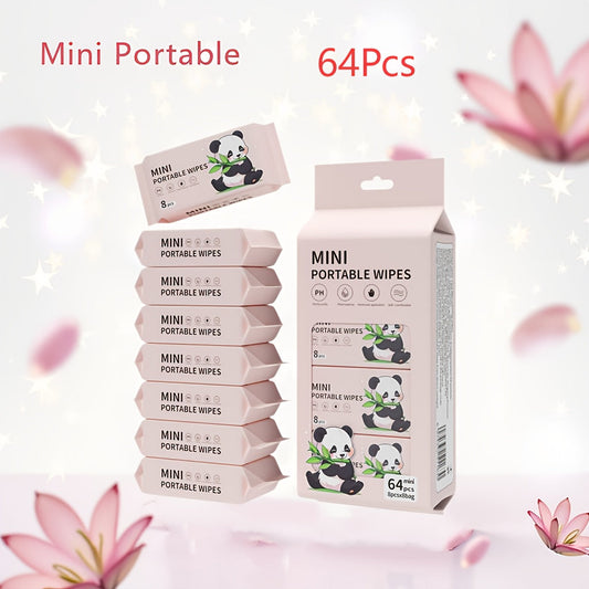 Mini lingettes humides portables, 64 paquets - Lingettes jetables sans alcool pour le visage, les mains et le nettoyage des animaux, sachets individuels pratiques pour les voyages, les chats, les chiens et une utilisation nomade