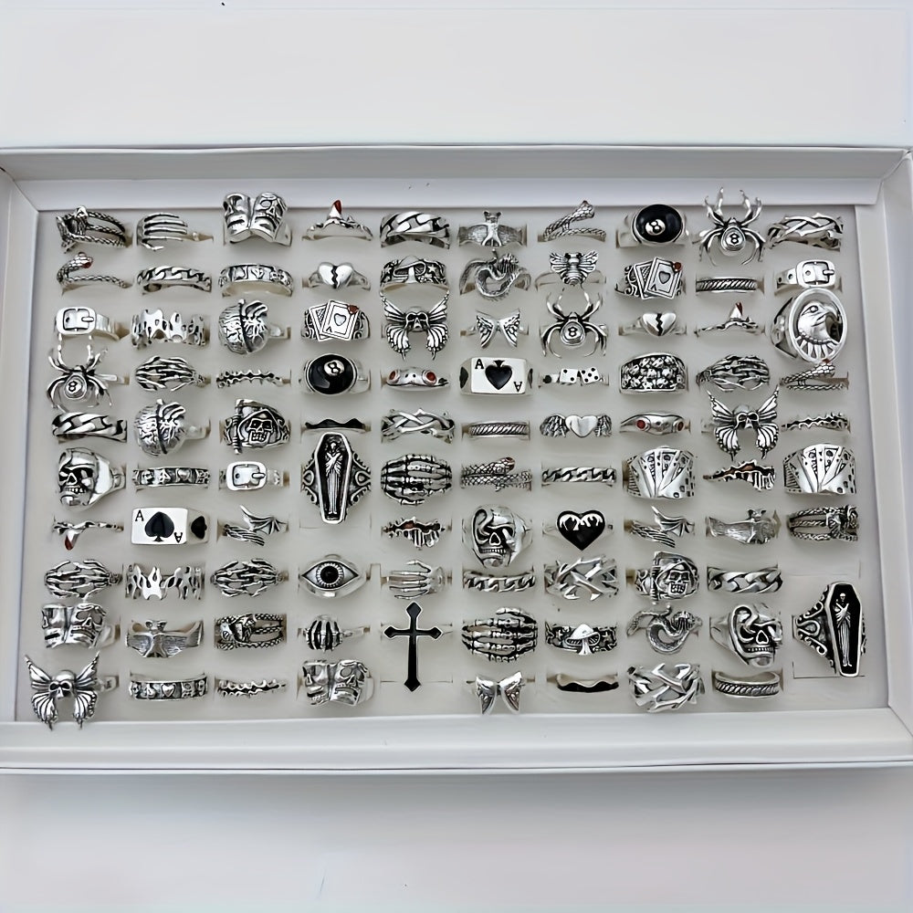 Lot de 24 bagues rétro punk pour hommes et femmes – Style sombre avec araignées, crânes et croix, bagues gothiques vintage, bijoux empilables réglables pour le quotidien, les fêtes, Halloween et comme cadeau