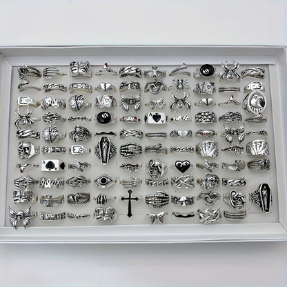 Lot de 24 bagues rétro punk pour hommes et femmes – Style sombre avec araignées, crânes et croix, bagues gothiques vintage, bijoux empilables réglables pour le quotidien, les fêtes, Halloween et comme cadeau