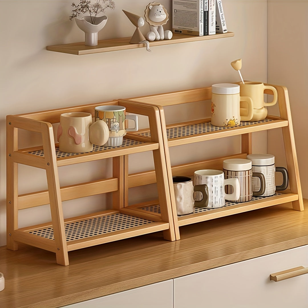Étagère de comptoir en bois à 2 niveaux, design trapézoïdal vintage, organisateur de bureau en bambou pour cuisine, bureau, chambre, étagère de comptoir gain de place pour tasses à café, livres, décoration – Lot de 1 ou 2, grand et moyen