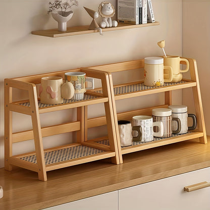 Étagère de comptoir en bois à 2 niveaux, design trapézoïdal vintage, organisateur de bureau en bambou pour cuisine, bureau, chambre, étagère de comptoir gain de place pour tasses à café, livres, décoration – Lot de 1 ou 2, grand et moyen