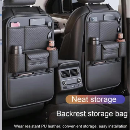Organisateur de dossier de siège auto en cuir PU, grand sac de rangement multi-poches pour bouteilles d'eau, tablettes et ordinateurs portables – Organisateur d'intérieur de voiture élégant, noir classique, pour voitures, SUV et camions