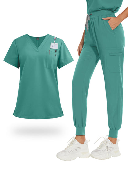 Women's Scrub Sets V-Neck Uniform Tops and Pants with Pockets for Nurses Medical Dental Spa Work Wear Short Sleeve Solid Color All Season Scrub Suit Elastic Comfortable Healthcare Outfit