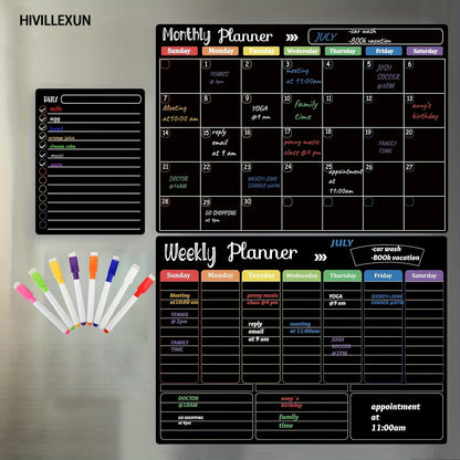 Ensemble de 3 tableaux magnétiques effaçables à sec Hivillexun – Tableaux de planification mensuel, hebdomadaire et quotidien pour réfrigérateur et mur, calendrier organisateur familial avec 8 marqueurs effaçables inclus
