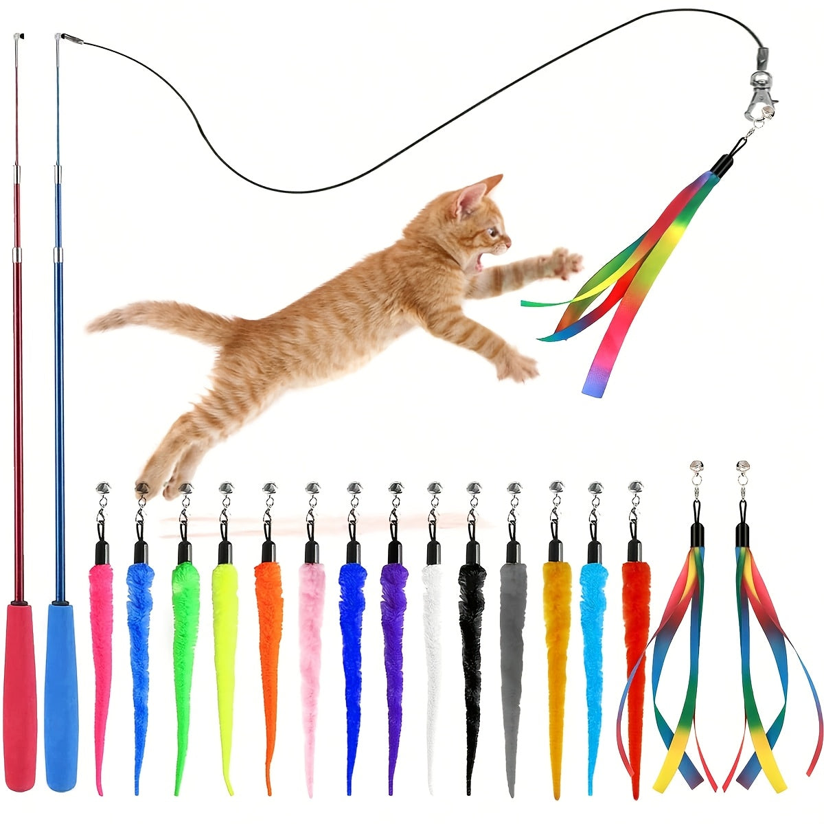 Ensemble de jouets interactifs pour chat – Canne télescopique avec 5 recharges de vers en peluche et 2 recharges à ruban, grelot détachable, sans pile, adapté à tous les chats et chatons (8 pièces)