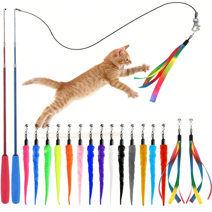 Ensemble de jouets interactifs pour chat – Canne télescopique avec 5 recharges de vers en peluche et 2 recharges à ruban, grelot détachable, sans pile, adapté à tous les chats et chatons (8 pièces)