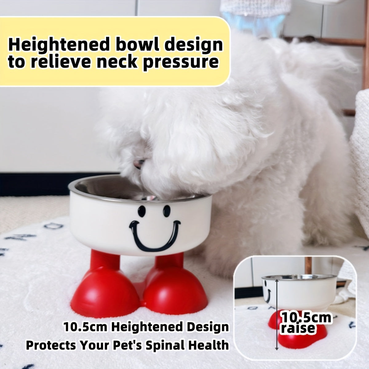 Gamelle surélevée en acier inoxydable pour chat et chien avec motif visage mignon – Gamelle pour animal de compagnie sur pied, anti-basculement, protection des cervicales, gamelle antidérapante pour chats et chiens d'intérieur