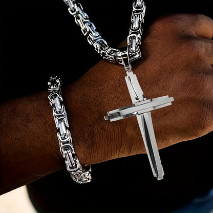 Ensemble collier et bracelet croix en acier inoxydable, bijoux bohème vintage épais pour hommes et femmes, idéal pour le quotidien ou en cadeau