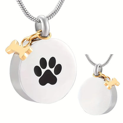 Collier urne avec empreinte de patte pour cendres d'animaux - Pendentif médaillon souvenir rond en acier inoxydable pour le mémorial de chien et chat, bijoux de crémation porte-cendres pour le deuil d'un animal (argenté)