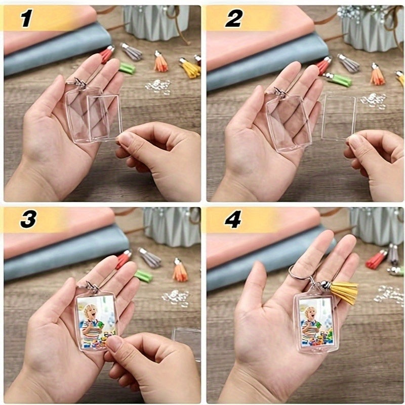 150 porte-clés cadres photo en acrylique avec pompons colorés – Lot de porte-clés photo transparents à clipser pour loisirs créatifs, porte-clés personnalisés en gros, cadeaux d'invités et souvenirs