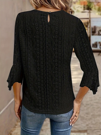 Blouse à manches longues pour femme avec bordure en dentelle contrastante – Haut élégant à col rond semi-transparent sexy pour le printemps, l'été et l'automne en noir, blanc et rouge orangé