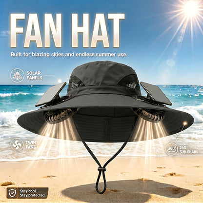 Chapeau de soleil à larges bords avec ventilateurs solaires – 2 ventilateurs solaires intégrés, vitesse du vent réglable, maille respirante, chapeau d'extérieur anti-UV avec mentonnière pour la pêche, le camping et les voyages