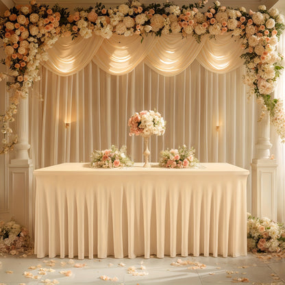 Nappe en élasthanne élastique avec jupe méduse, tissu polyester épais, opaque et hautement extensible pour tables de 4 et 6 pieds, idéale pour fêtes, anniversaires, mariages, banquets, hôtels, conférences et salons professionnels