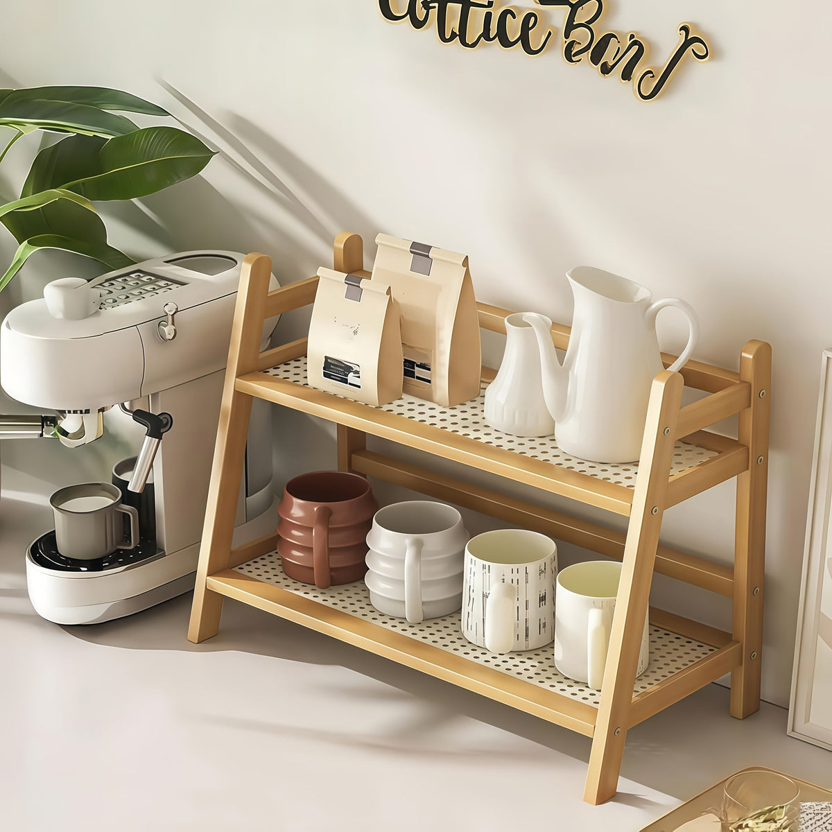 Étagère de comptoir en bois à 2 niveaux, design trapézoïdal vintage, organisateur de bureau en bambou pour cuisine, bureau, chambre, étagère de comptoir gain de place pour tasses à café, livres, décoration – Lot de 1 ou 2, grand et moyen