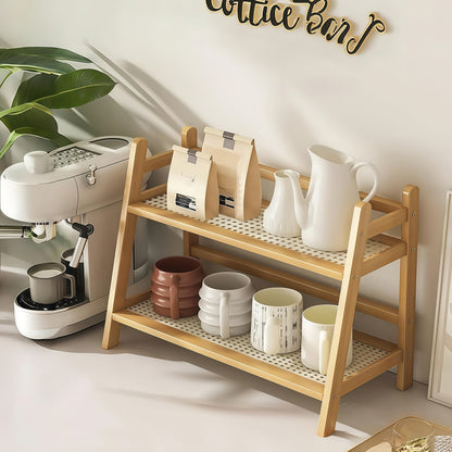 Étagère de comptoir en bois à 2 niveaux, design trapézoïdal vintage, organisateur de bureau en bambou pour cuisine, bureau, chambre, étagère de comptoir gain de place pour tasses à café, livres, décoration – Lot de 1 ou 2, grand et moyen