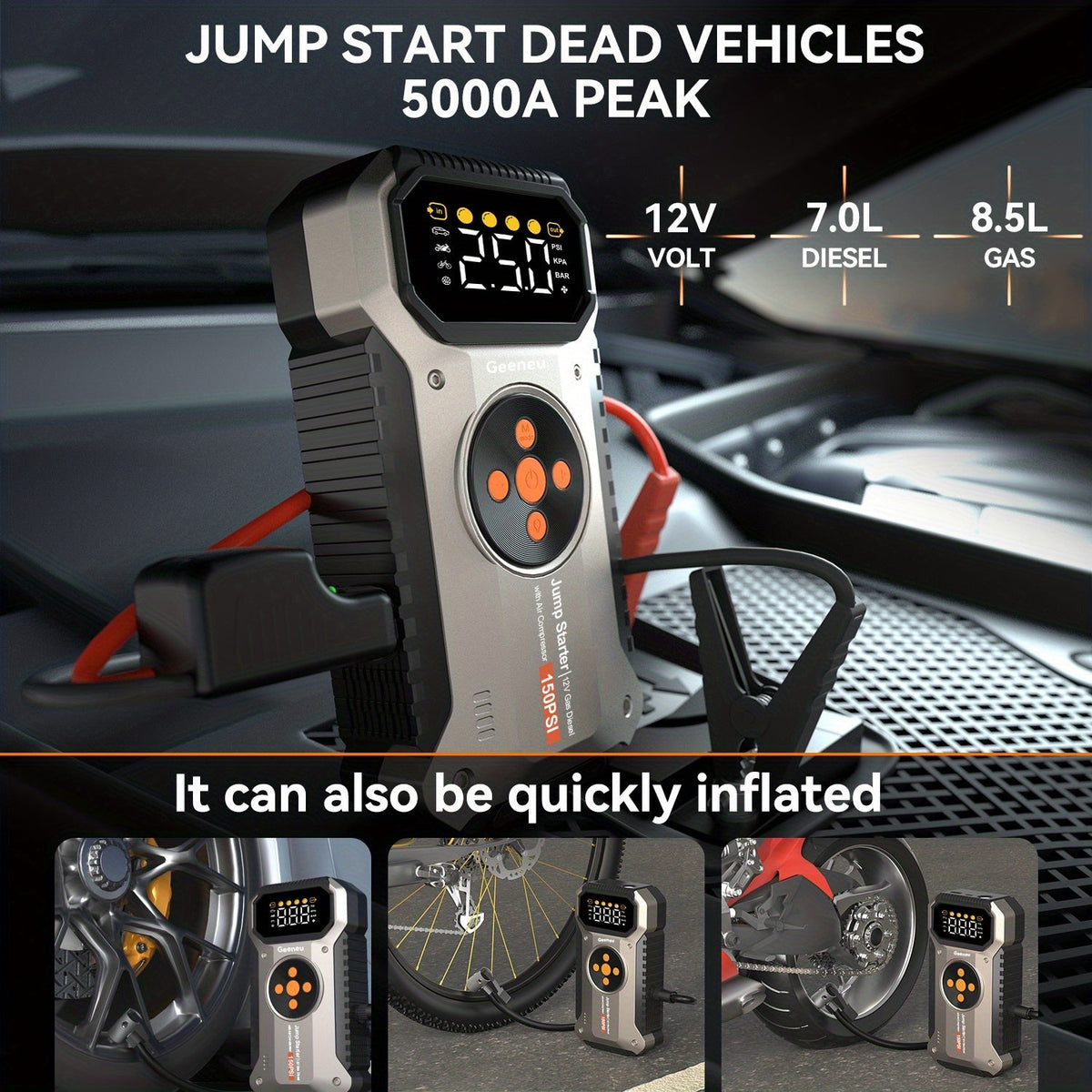 Démarreur de voiture 5000A avec compresseur d'air 150 PSI – Batterie de secours portable 12000 mAh, gonfleur de pneu numérique, USB-C et USB-A, lampe de secours LED pour moteurs essence et diesel 12V